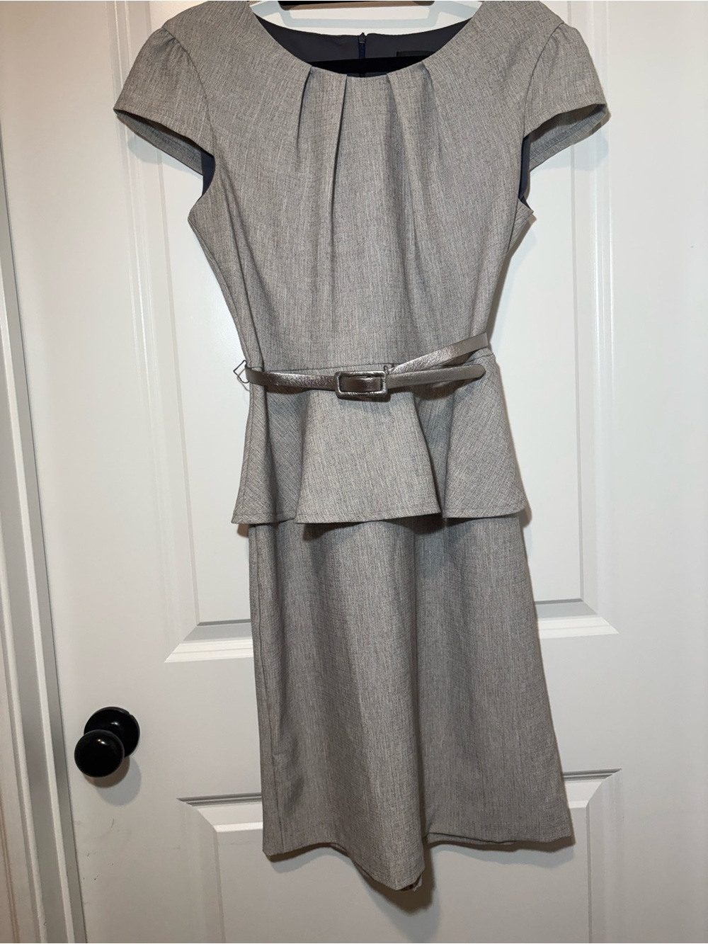 connected apparel Gray Pleated Peplum Midi Dress with Belt